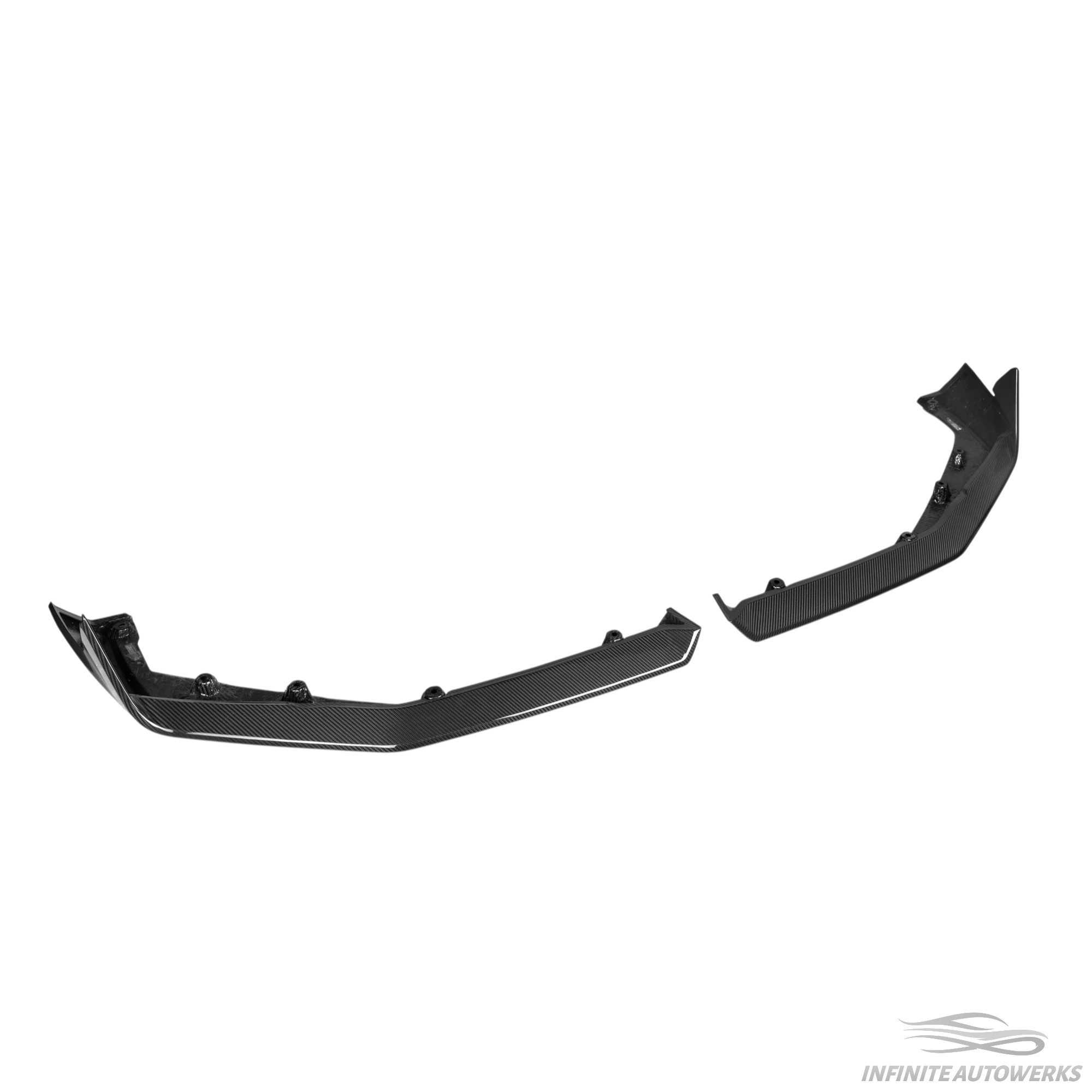 IAW Carbon MP Style dry carbon fiber front lip for BMW G90 M5 and G99 M5 Touring, angled view showing gloss twill weave