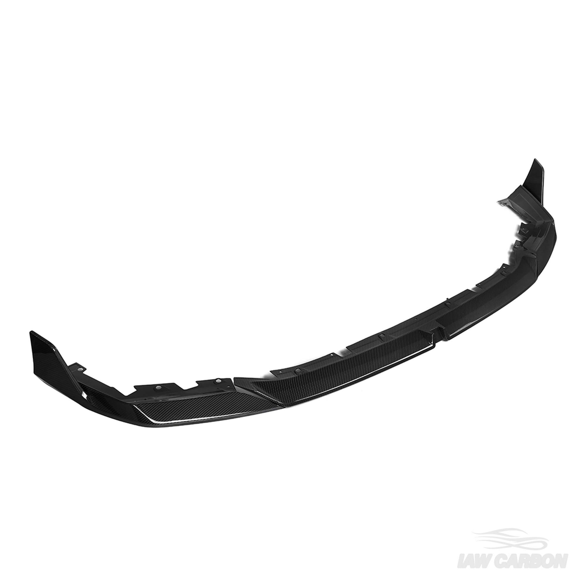 IAW Carbon Competition Style dry carbon fiber front lip for BMW G90 M5 and G99 M5 Touring, angled view showing gloss twill weave